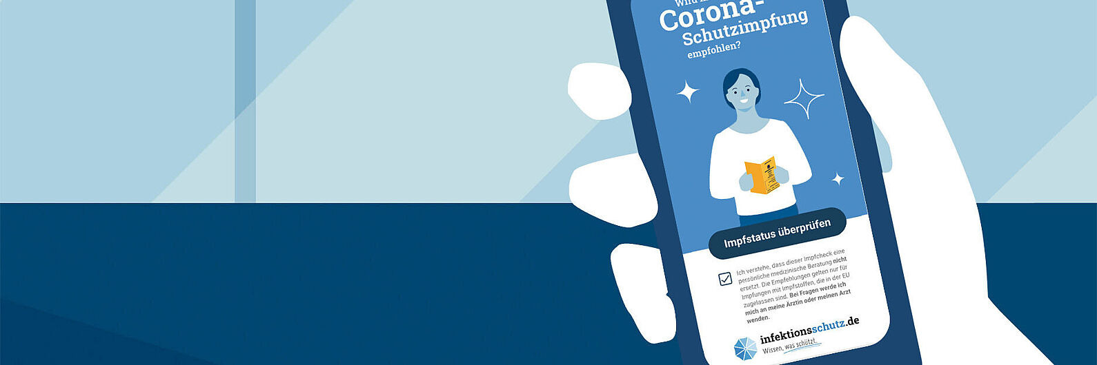 Banner mit einer Zeichnung, die das Telefon eines Coronarimpfcheck-Nutzers zeigt